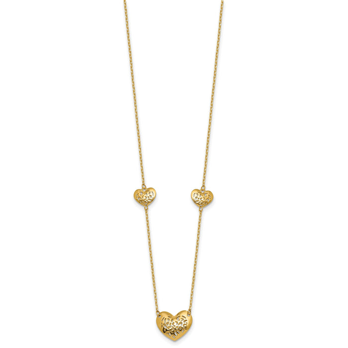14K Polished and Textured Heart Station 16 w/2in ext. Necklace-SF3291-16
