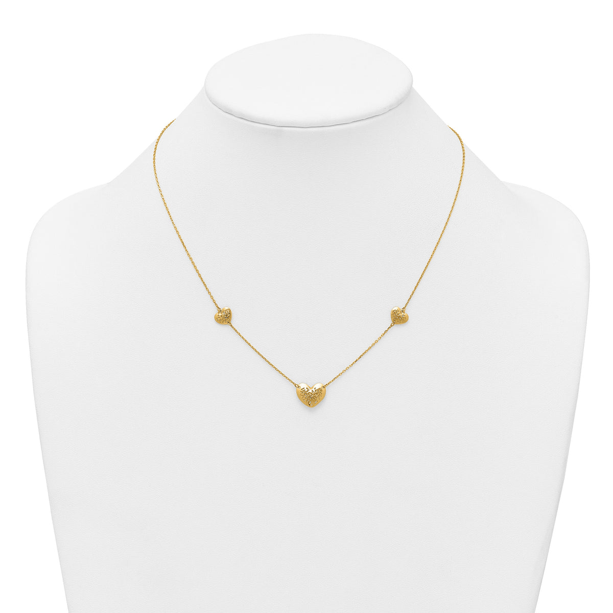 14K Polished and Textured Heart Station 16 w/2in ext. Necklace-SF3291-16