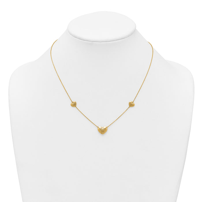 14K Polished and Textured Heart Station 16 w/2in ext. Necklace-SF3291-16