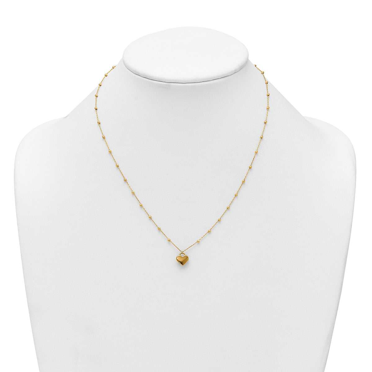 14k Polished Beaded and Heart 16in w/2in ext. Necklace-SF3292-16