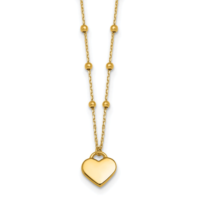 14k Polished Beaded and Heart 16in w/2in ext. Necklace-SF3292-16