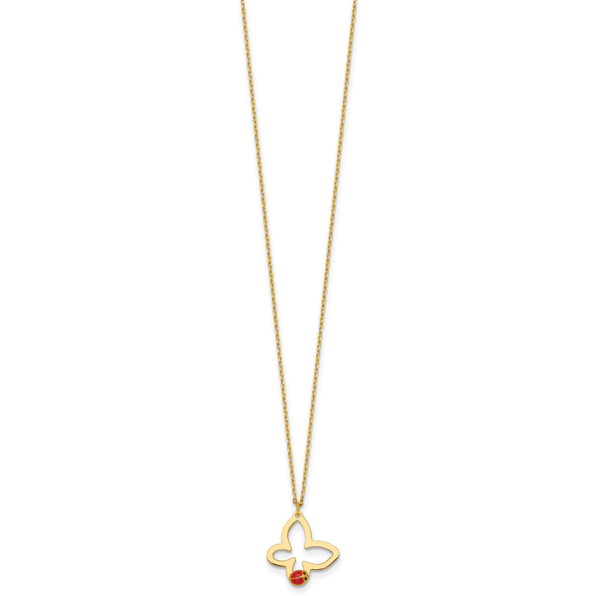 14k Polished Butterfly With Enamel Ladybug w/.75in Ext Children's Necklace-SF3293-15.5