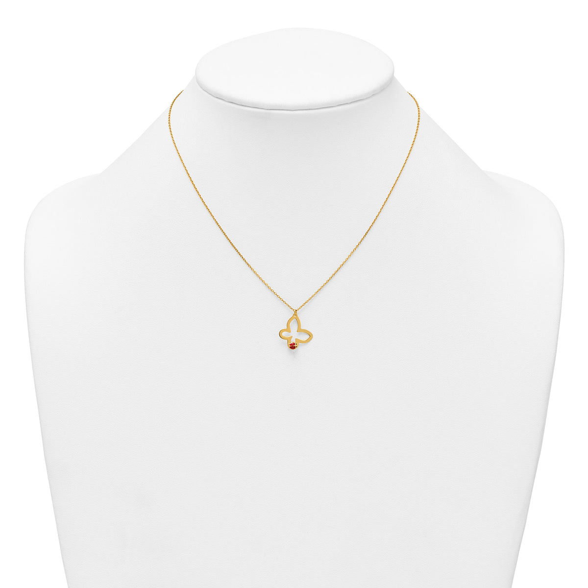 14k Polished Butterfly With Enamel Ladybug w/.75in Ext Children's Necklace-SF3293-15.5