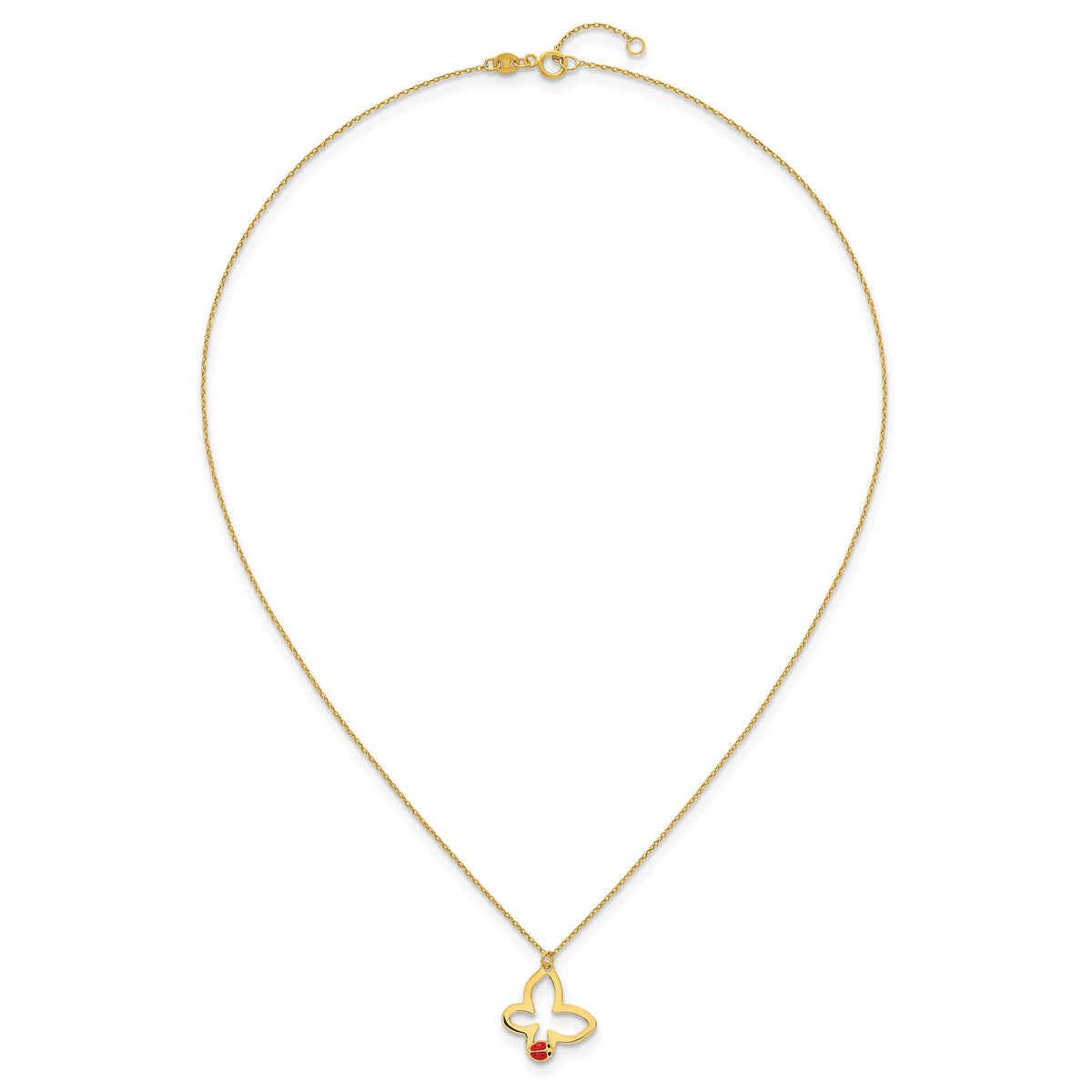 14k Polished Butterfly With Enamel Ladybug w/.75in Ext Children's Necklace-SF3293-15.5