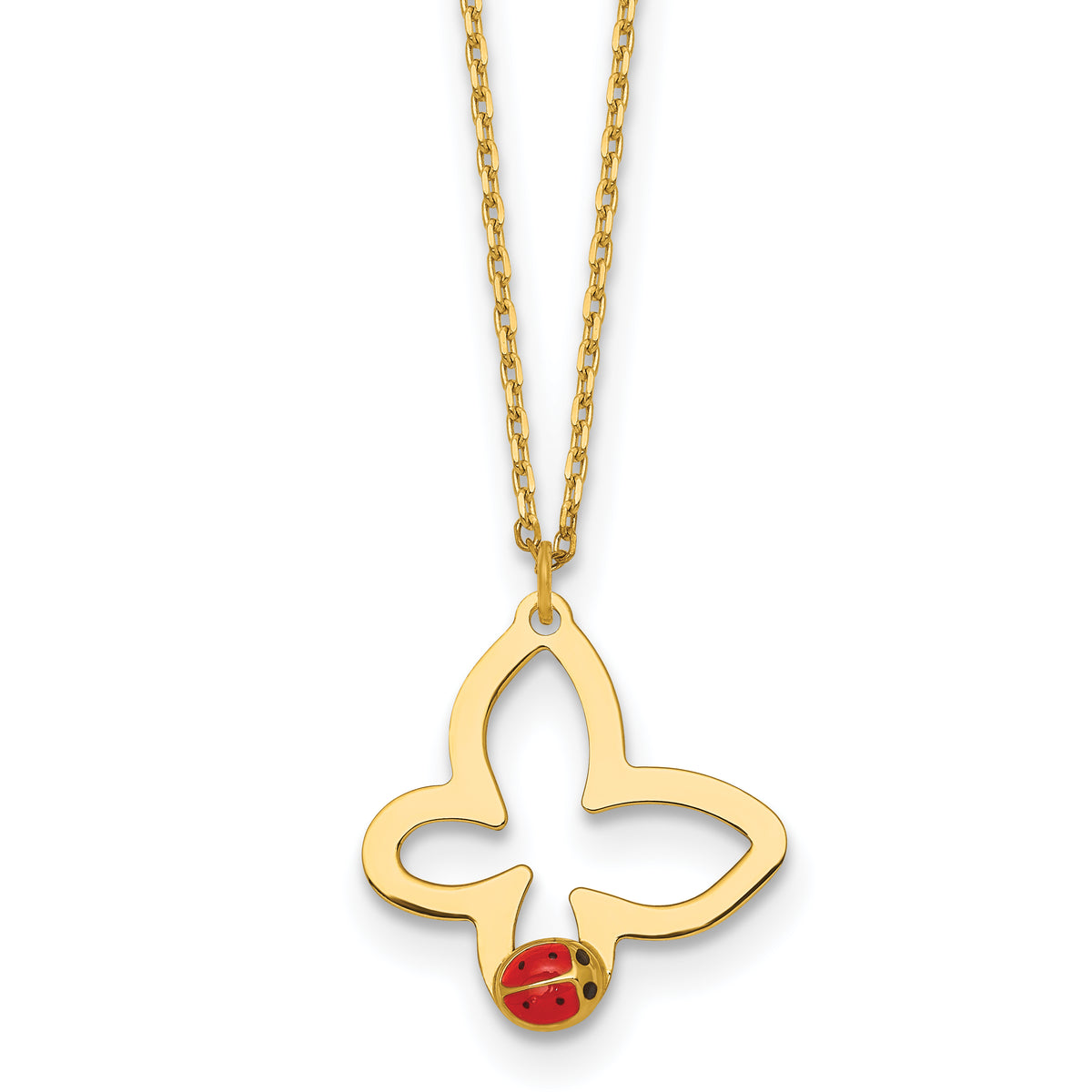14k Polished Butterfly With Enamel Ladybug w/.75in Ext Children's Necklace-SF3293-15.5