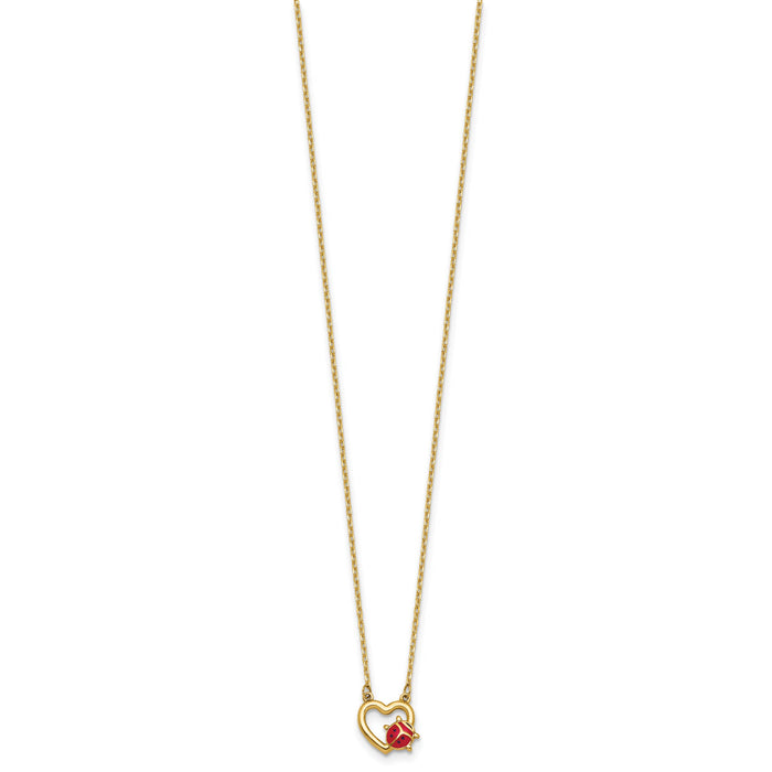 14K Polished Enameled Lady Bug with Heart 17in Necklace-SF3295-17