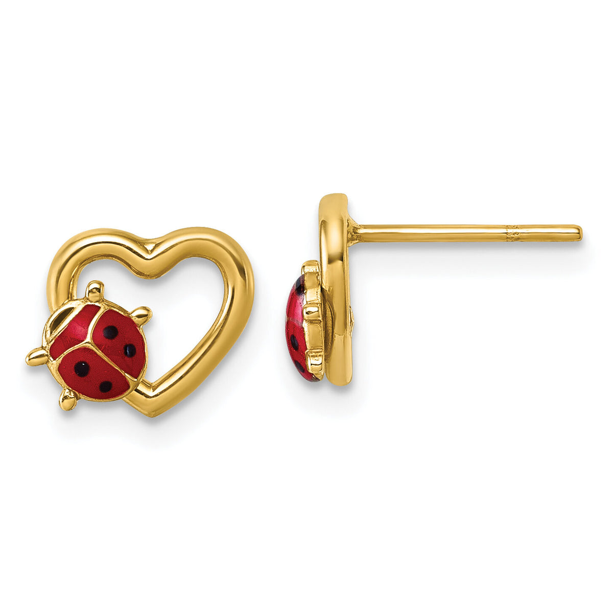 14K Polished Heart with Enameled Lady Bug Post Earrings-SF3295E