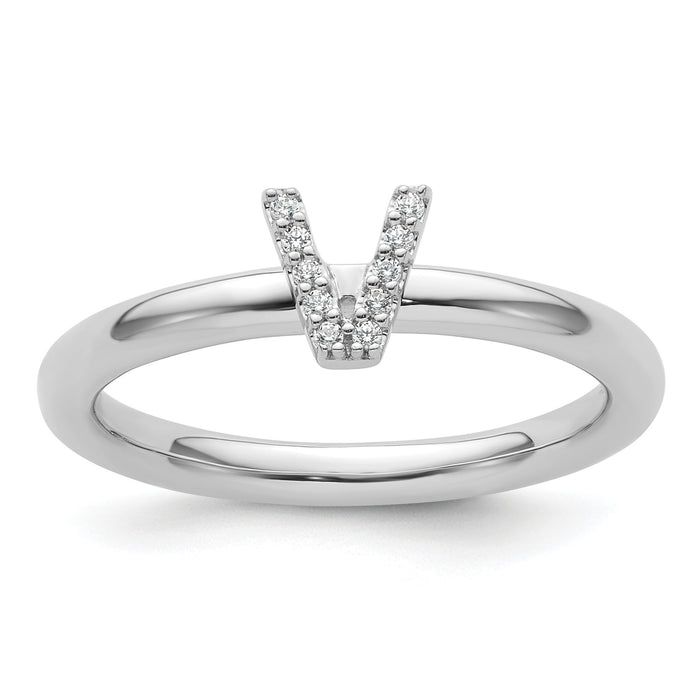14K White Gold Stackable Diamond Initial V Ring-SK2112VW