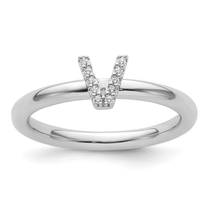 14K White Gold Stackable Diamond Initial V Ring-SK2112VW