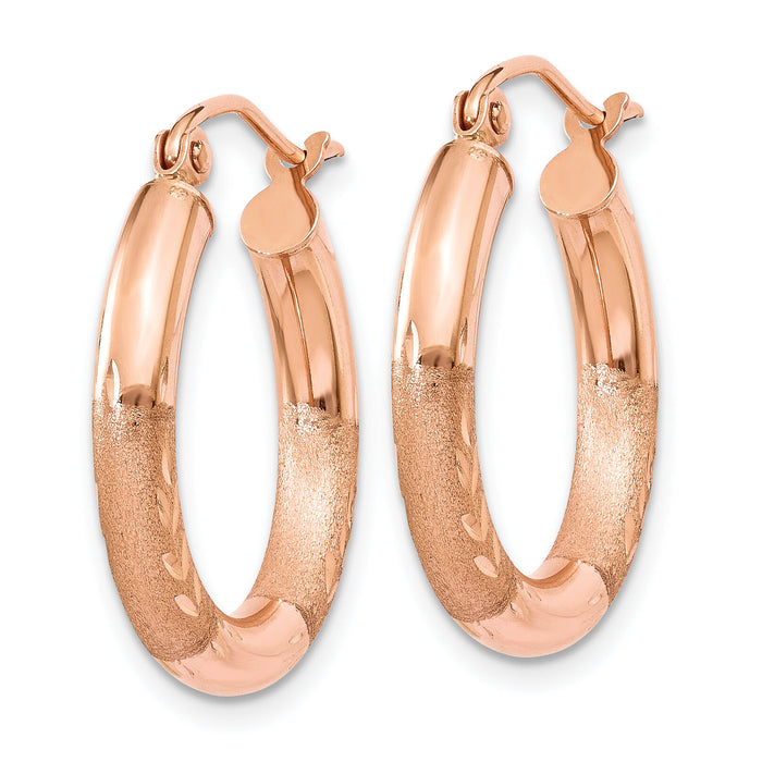 14k Rose Gold 3mm Satin and Diamond-cut Hoop Earrings-T1016