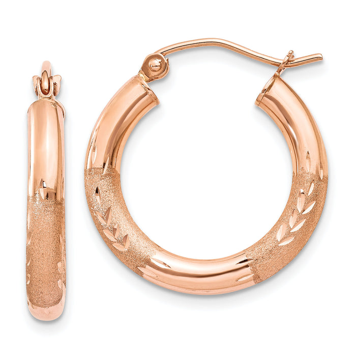 14k Rose Gold 3mm Satin and Diamond-cut Hoop Earrings-T1016