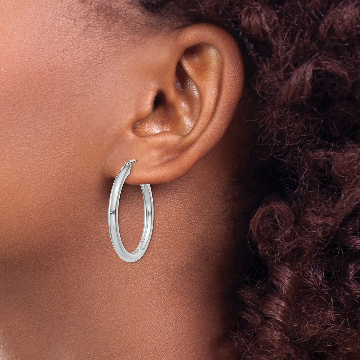 14K White Gold Polished 3mm Lightweight Tube Hoop Earrings-T849L