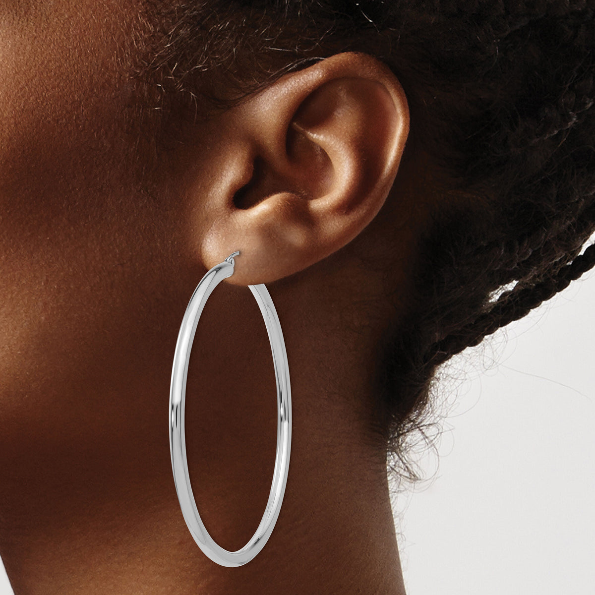 14K White Gold Polished 3mm Tube Hoop Earrings-T856