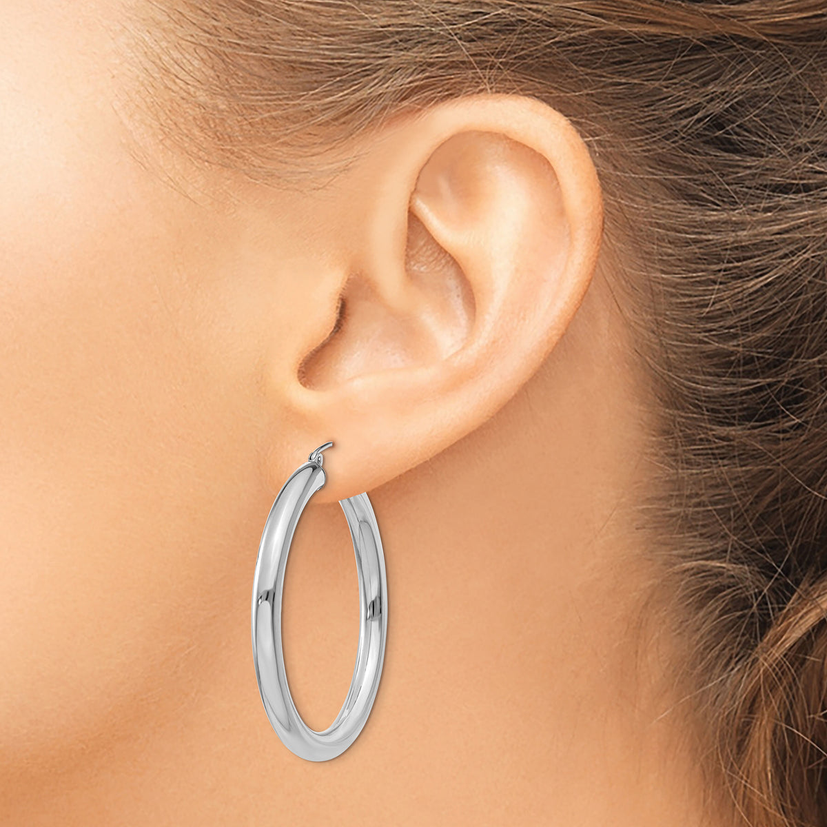 14K White Gold Polished 4mm Tube Hoop Earrings-T858