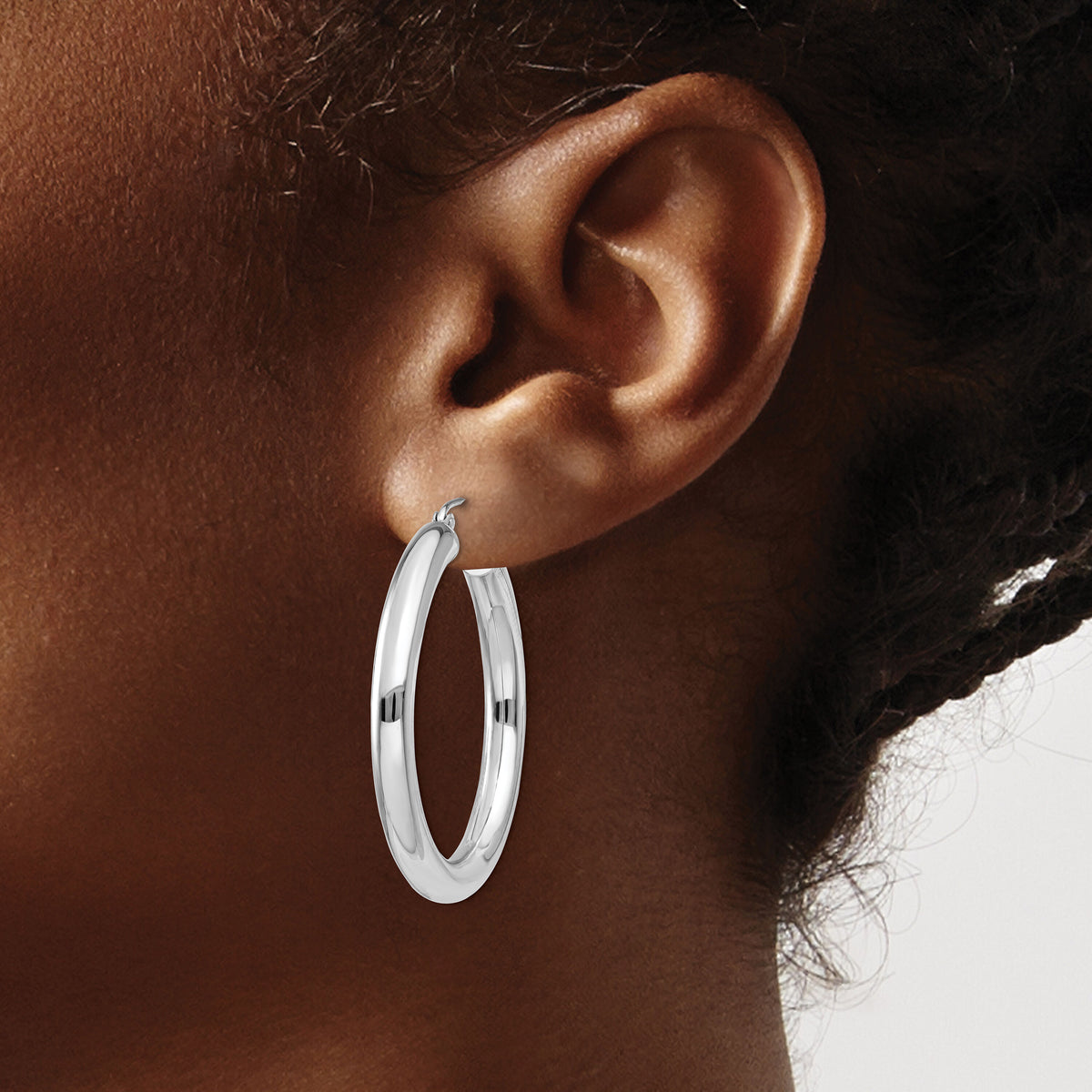 14K White Gold Polished 4mm Tube Hoop Earrings-T859