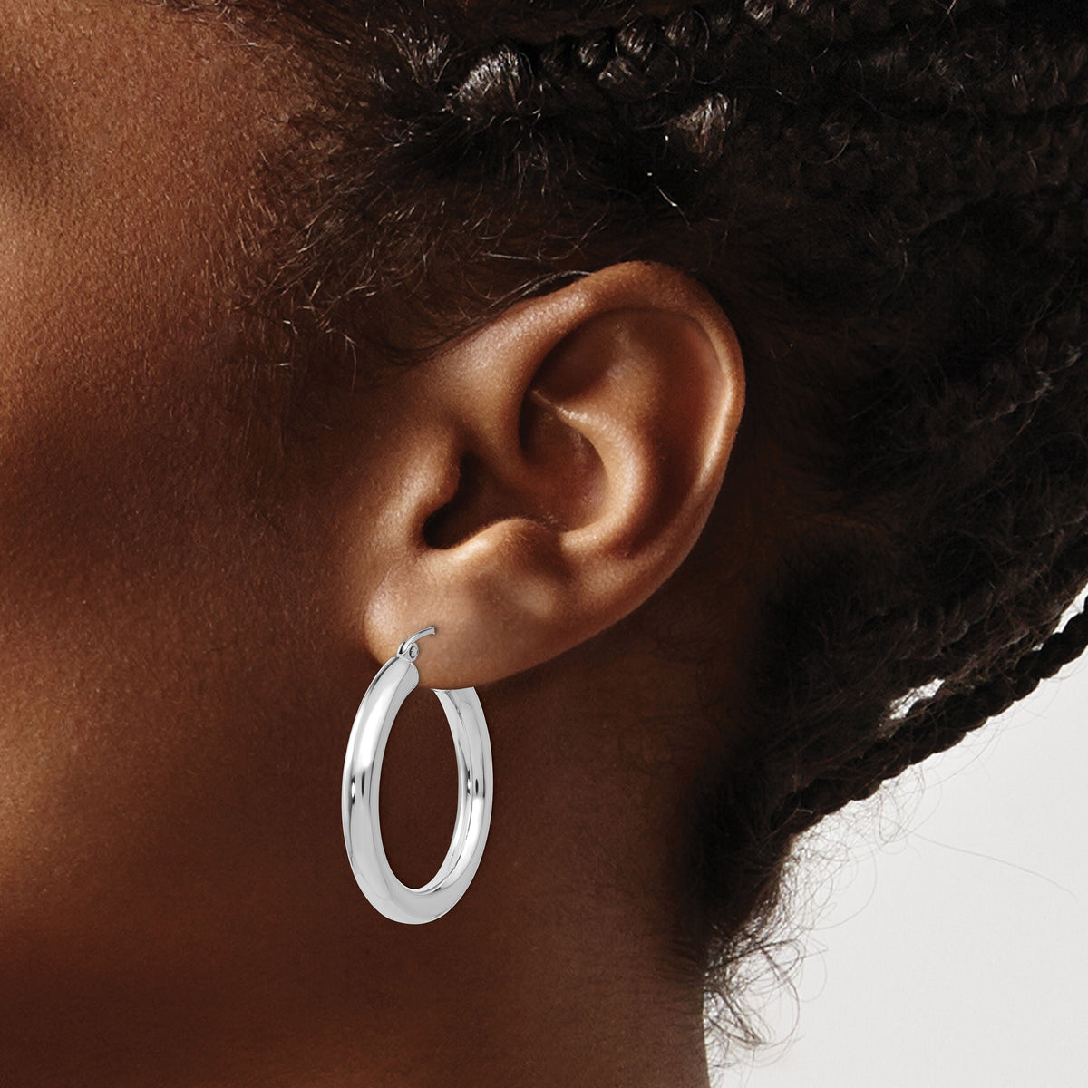 14K White Gold Polished 4mm Lightweight Tube Hoop Earrings-T860L