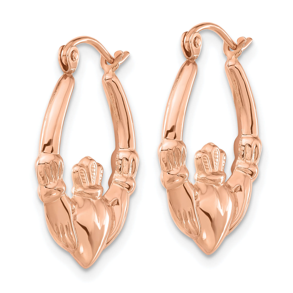 14k Rose Gold Polished Claddagh Hoop Earrings-TC1009
