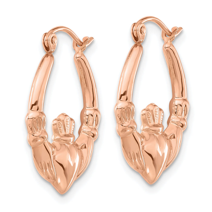 14k Rose Gold Polished Claddagh Hoop Earrings-TC1009