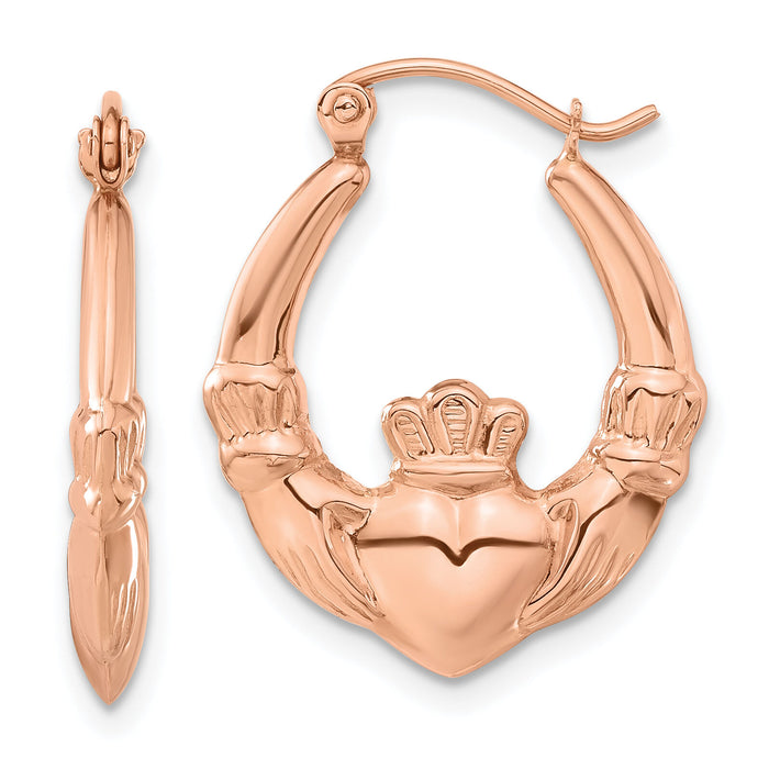 14k Rose Gold Polished Claddagh Hoop Earrings-TC1009