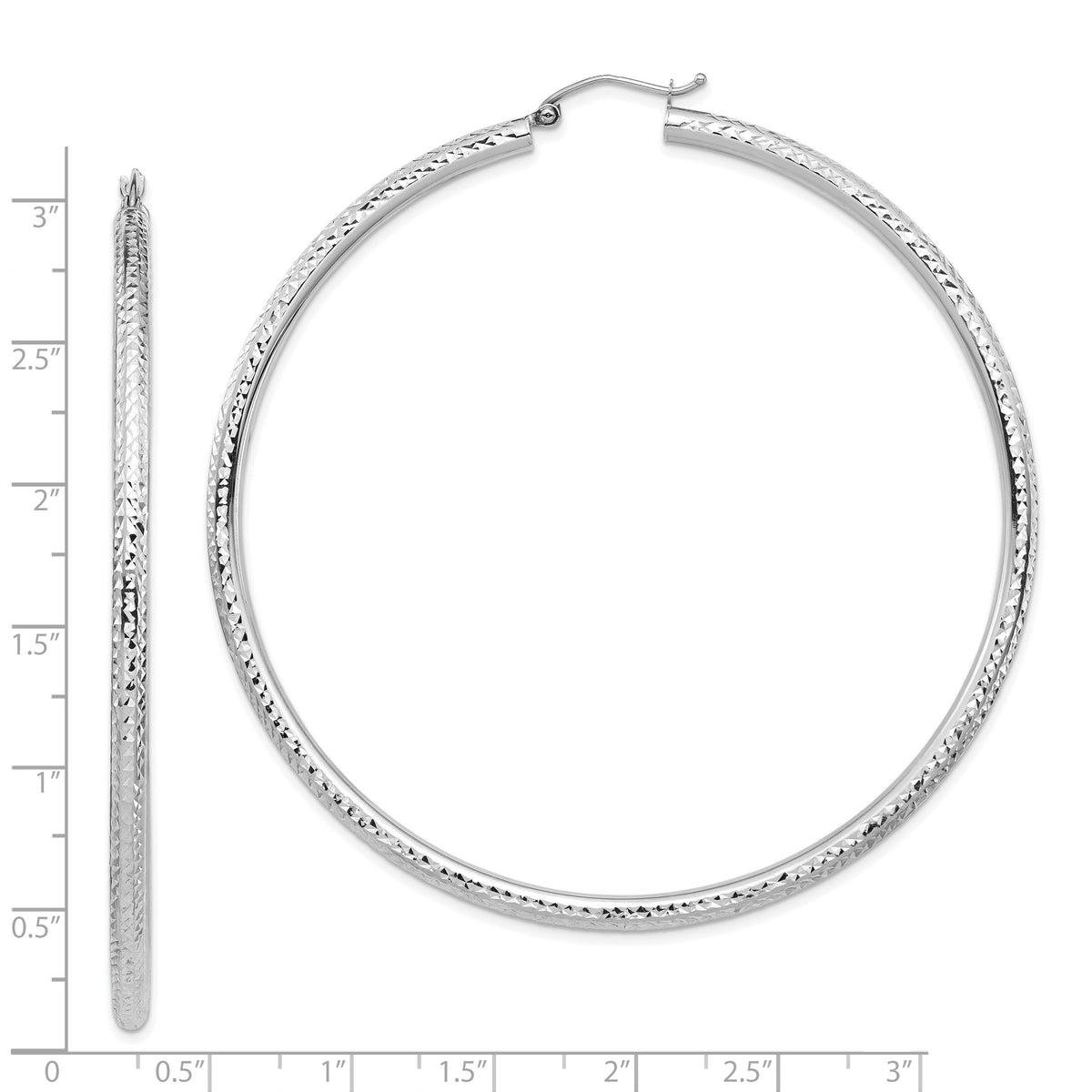 14k White Gold Lightweight 3mm Diamond-cut Hoop Earrings-TC1013W