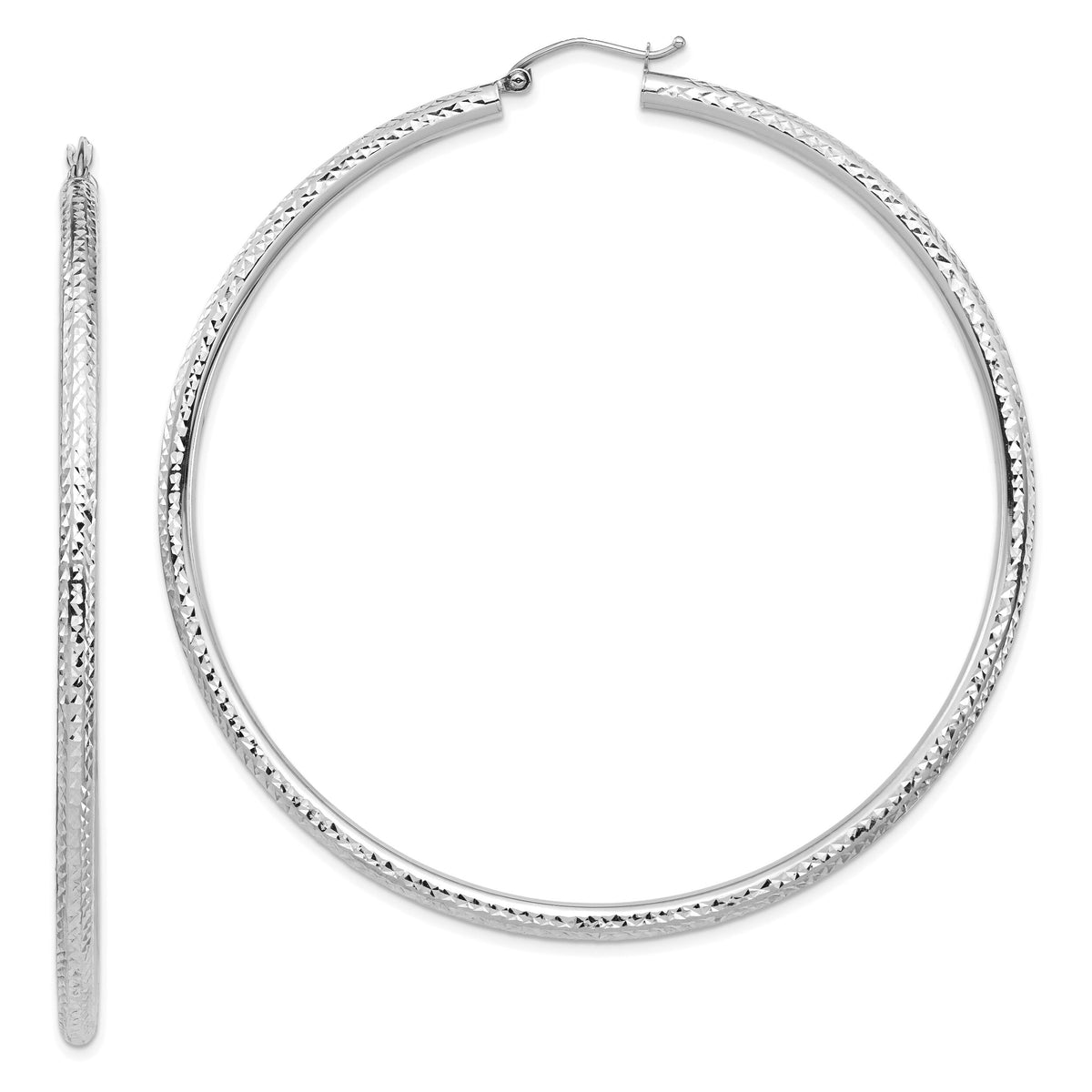 14k White Gold Lightweight 3mm Diamond-cut Hoop Earrings-TC1013W