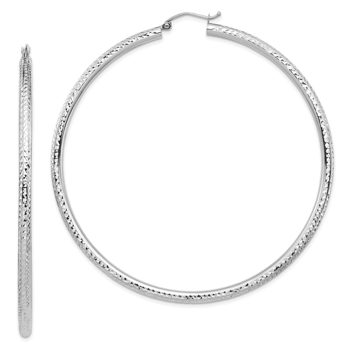 14k White Gold Lightweight 3mm Diamond-cut Hoop Earrings-TC1013W