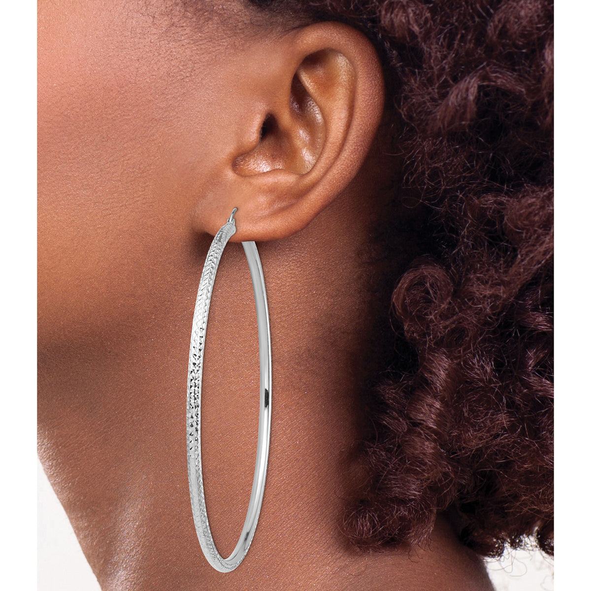 14k White Gold Lightweight 3mm Diamond-cut Hoop Earrings-TC1014W