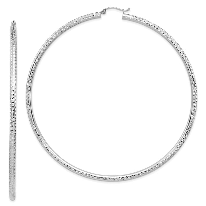 14k White Gold Lightweight 3mm Diamond-cut Hoop Earrings-TC1015W