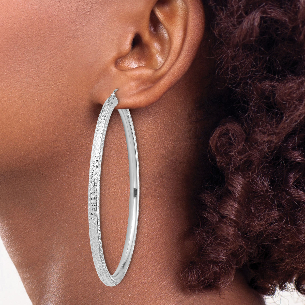 14k White Gold Diamond-cut 4x70mm Lightweight Tube Hoop Earrings-TC1020W