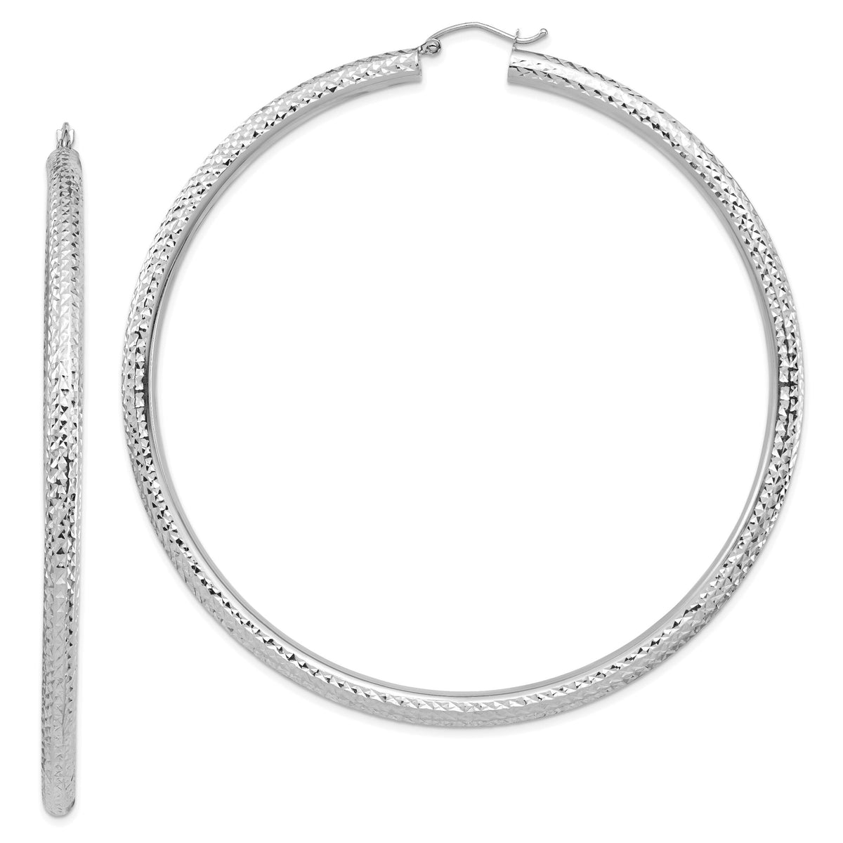 14k White Gold Diamond-cut 4x80mm Lightweight Tube Hoop Earrings-TC1021W