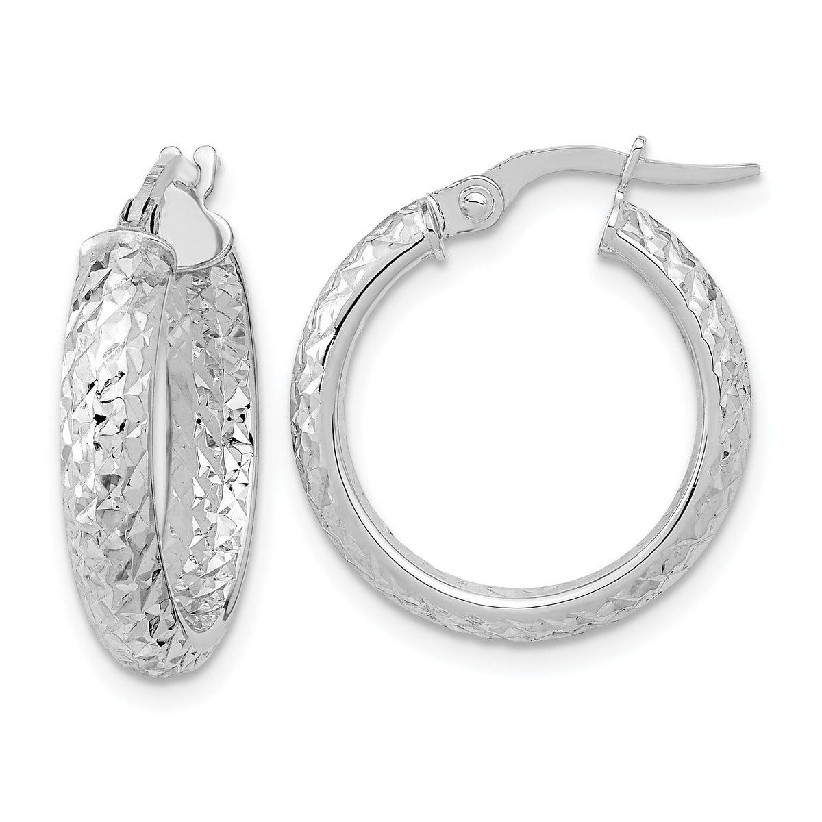 14K White Gold Polished and Diamond-cut Inside and Out Fancy Hoop Earrings-TC1023W