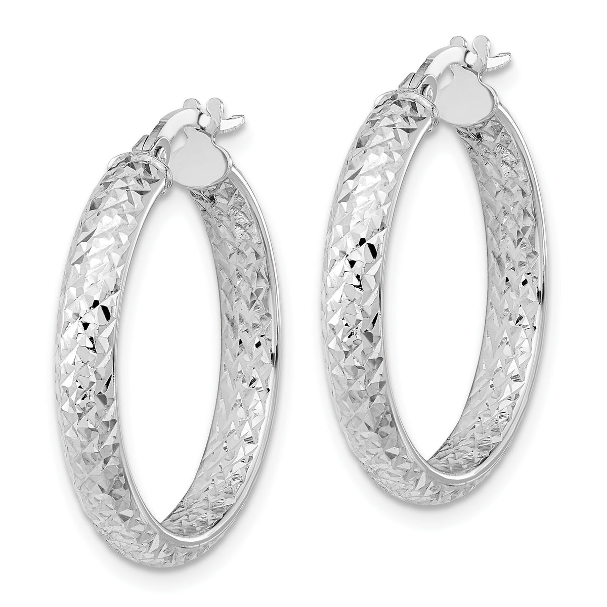 14K White Gold Polished and Diamond-cut Inside and Out Fancy Hoop Earrings-TC1024W