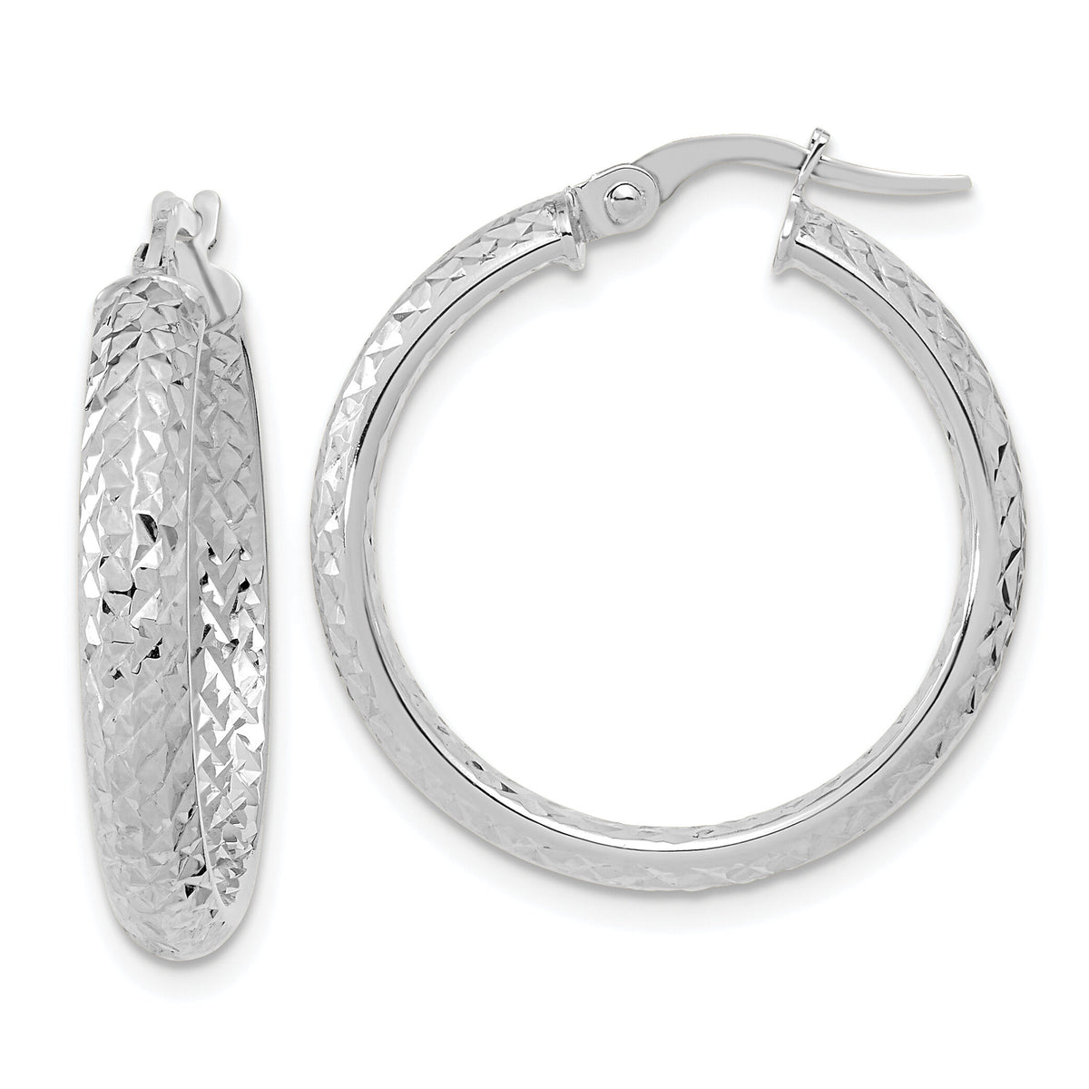 14K White Gold Polished and Diamond-cut Inside and Out Fancy Hoop Earrings-TC1024W