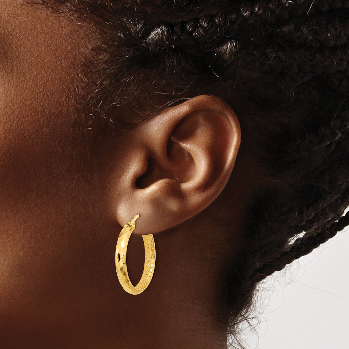 14K Polished and Textured Diamond-cut Inside Fancy Hoop Earrings-TC1025