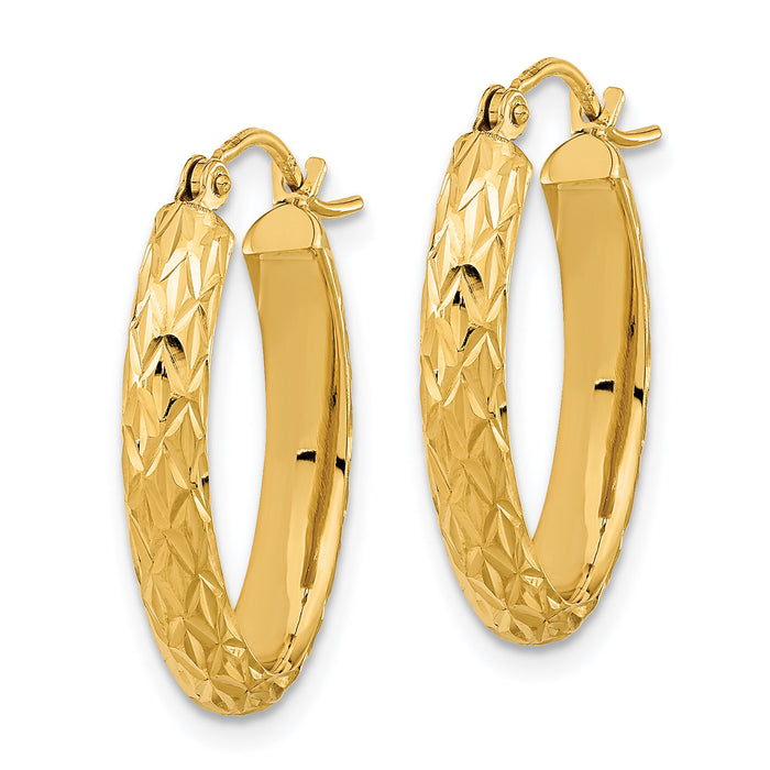 14K Polished Diamond-cut Fancy Oval Hoop Earrings-TC1030
