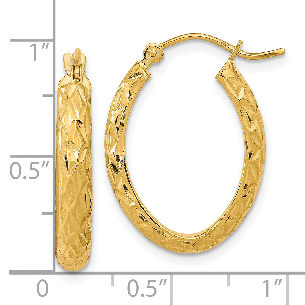 14K Polished Diamond-cut Fancy Oval Hoop Earrings-TC1030