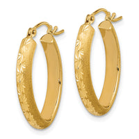 14K Polished and Satin Diamond-cut Oval Hoop Earrings-TC1031