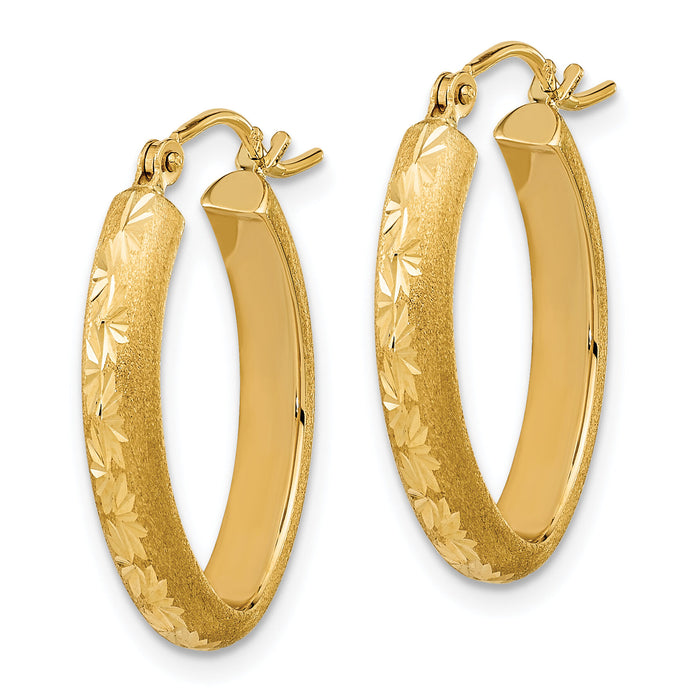 14K Polished and Satin Diamond-cut Oval Hoop Earrings-TC1031