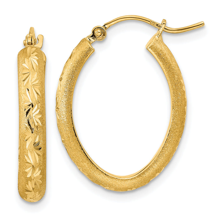 14K Polished and Satin Diamond-cut Oval Hoop Earrings-TC1031