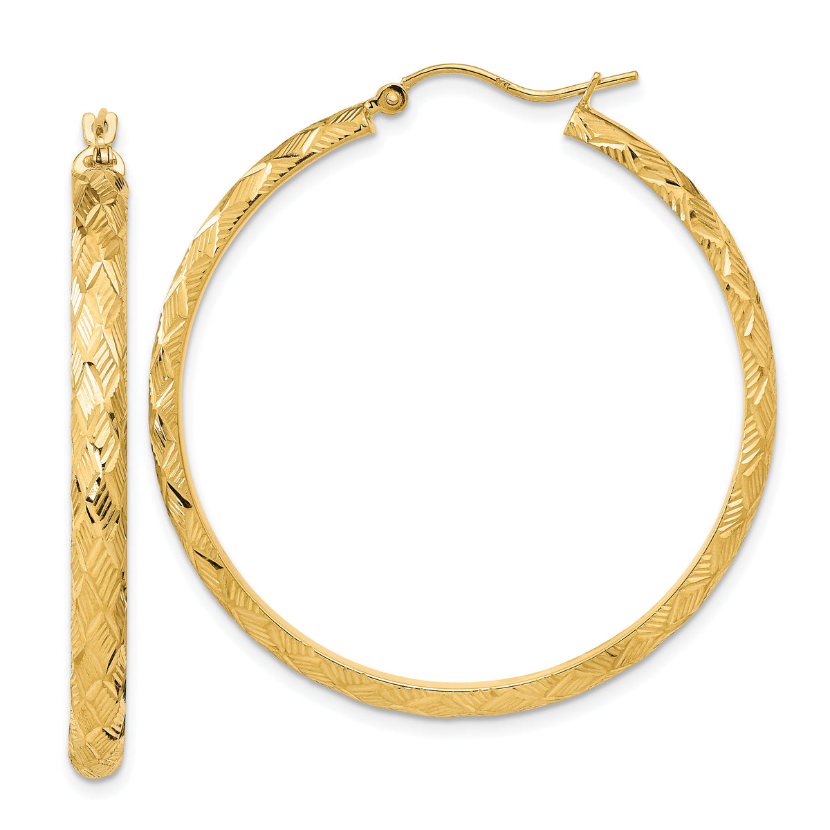 14K Polished and Textured Fancy Diamond Cut Hoop Earrings-TC1038