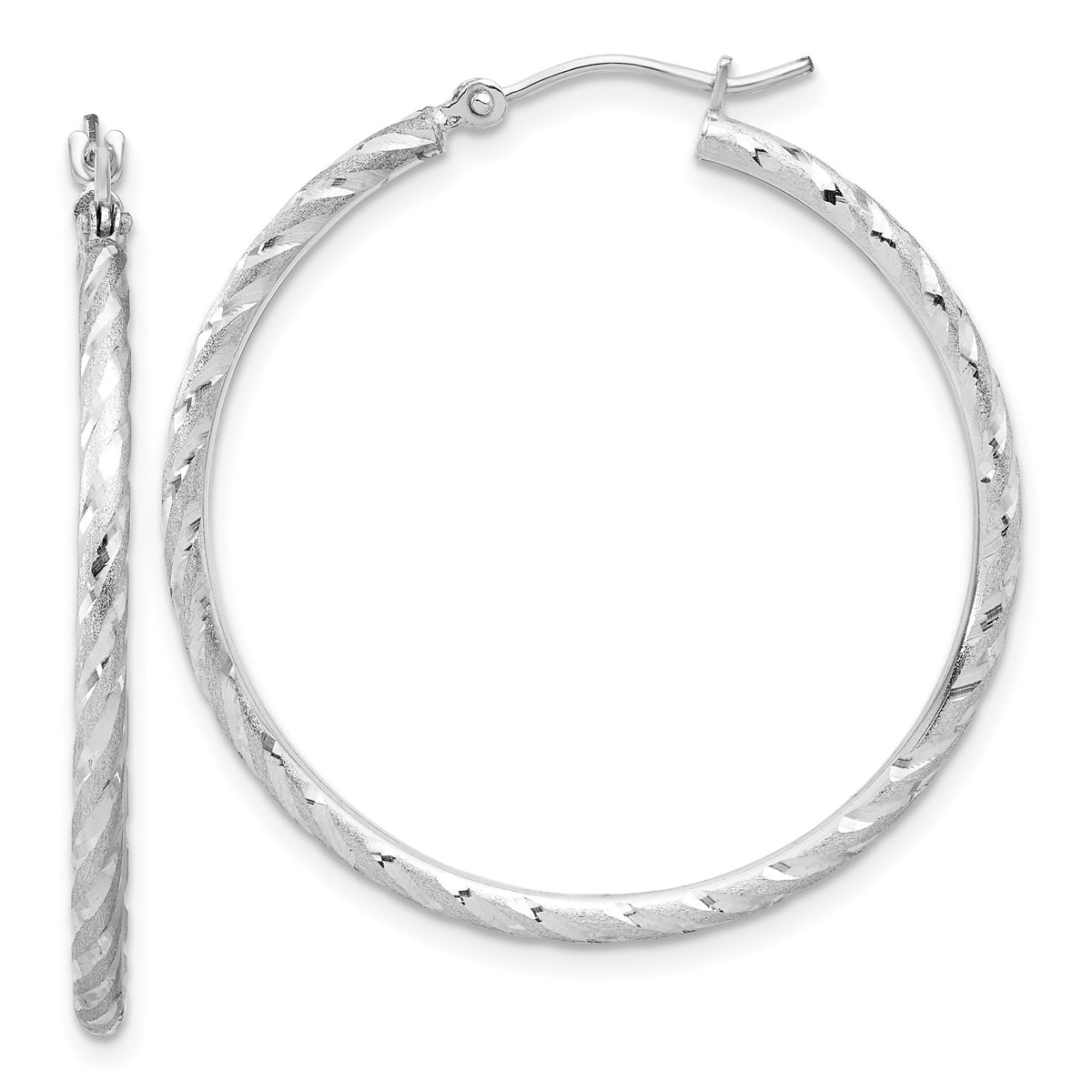14k White Gold Polished and Satin D/C 2.00mm Hoop Earrings-TC1046W