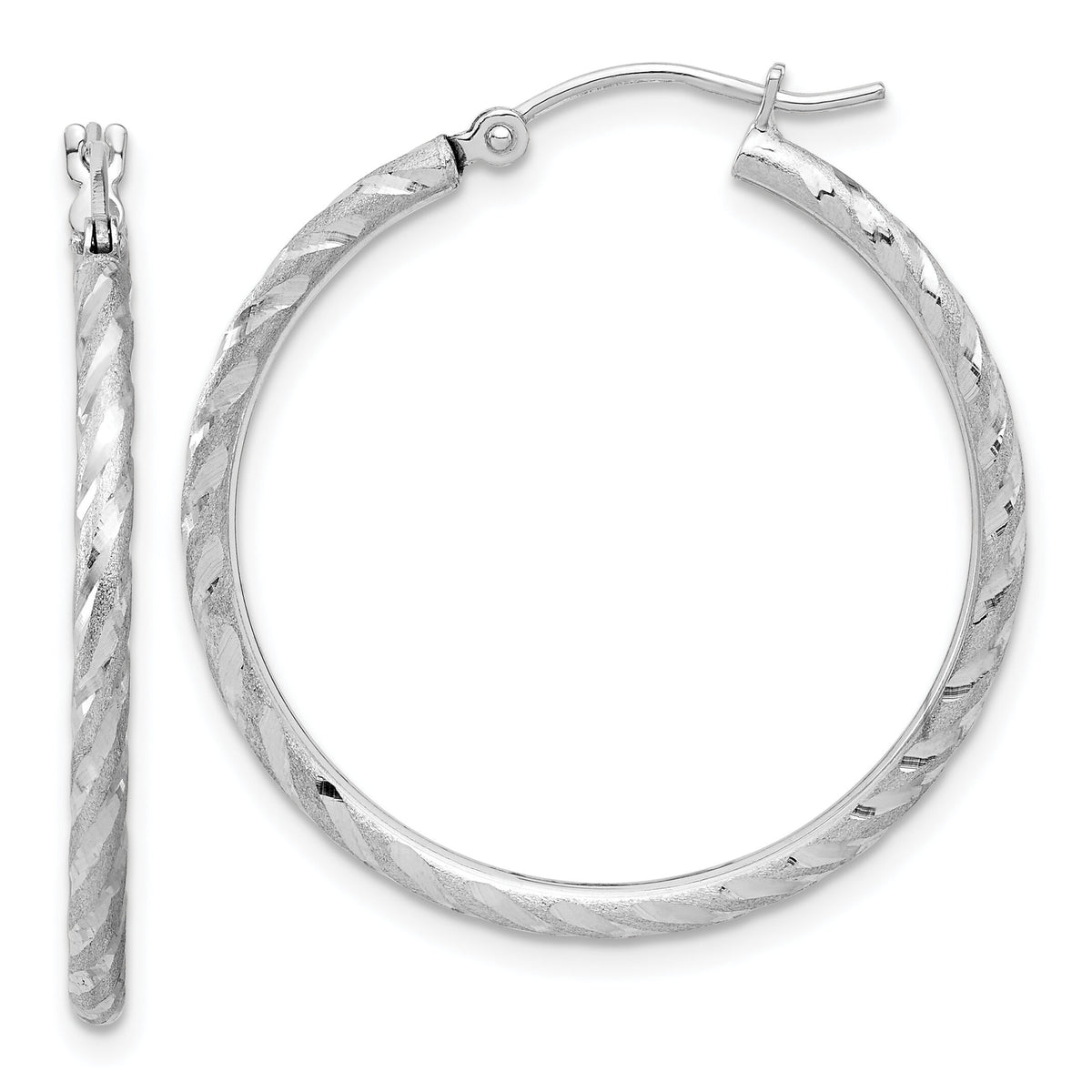 14k White Gold Polished and Satin D/C 2.00mm Hoop Earrings-TC1047W
