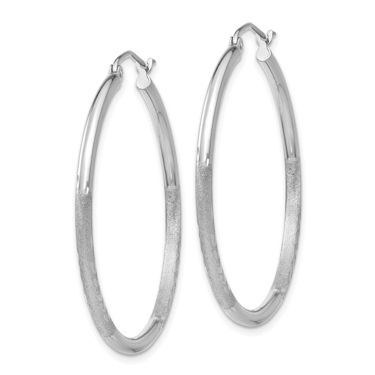 14k White Gold Satin and Diamond-cut 2mm Round Hoop Earrings-TC195