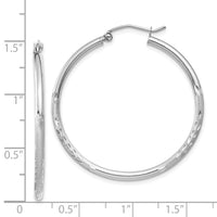 14k White Gold Satin and Diamond-cut 2mm Round Hoop Earrings-TC195