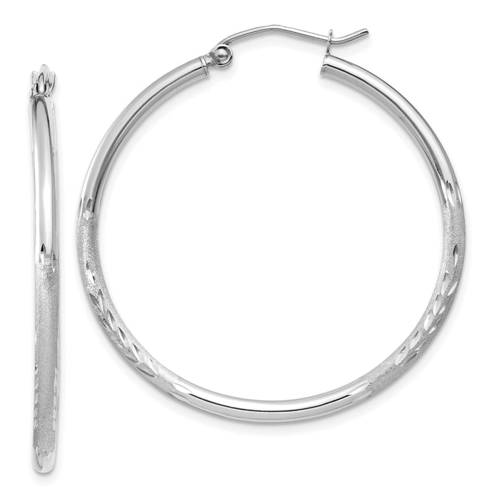14k White Gold Satin and Diamond-cut 2mm Round Hoop Earrings-TC195