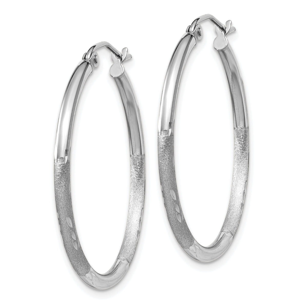14k White Gold Satin and Diamond-cut 2mm Round Hoop Earrings-TC196
