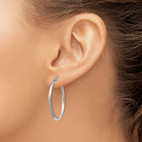 14k White Gold Satin and Diamond-cut 2mm Round Hoop Earrings-TC196