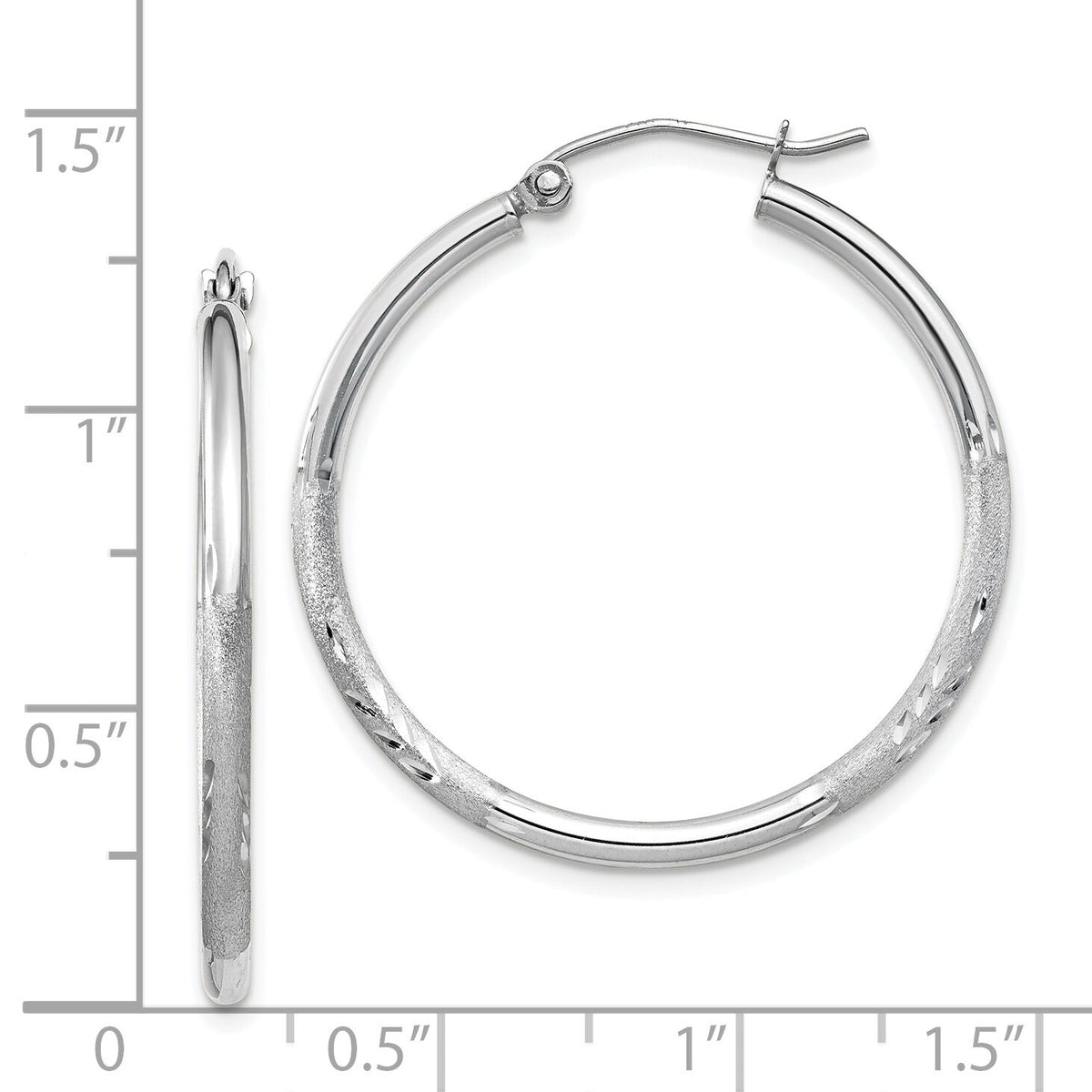 14k White Gold Satin and Diamond-cut 2mm Round Hoop Earrings-TC196