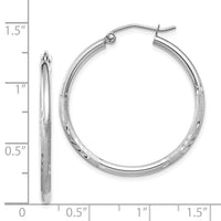 14k White Gold Satin and Diamond-cut 2mm Round Hoop Earrings-TC196