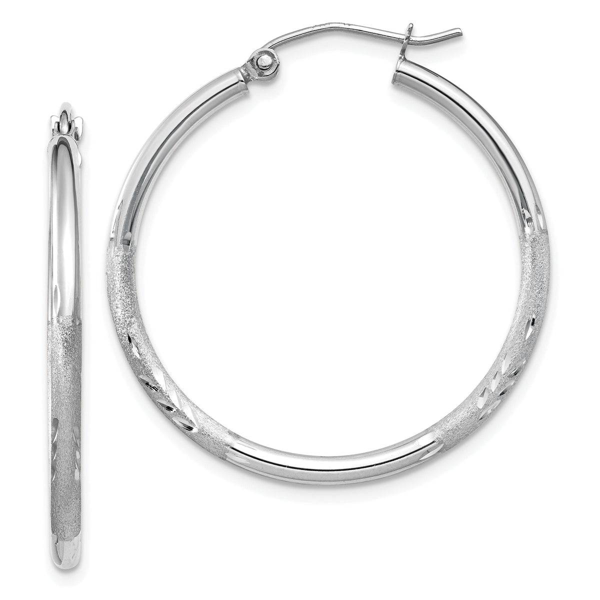 14k White Gold Satin and Diamond-cut 2mm Round Hoop Earrings-TC196